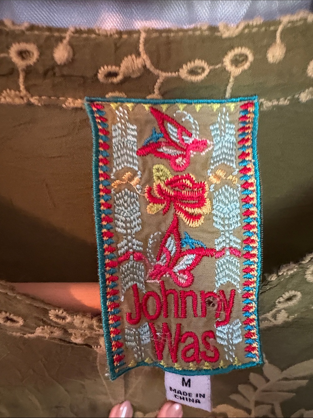 Johnny Was Embroidered Olive Green Sheer Tie-Front Blouse Size M - Picture 4 of 4